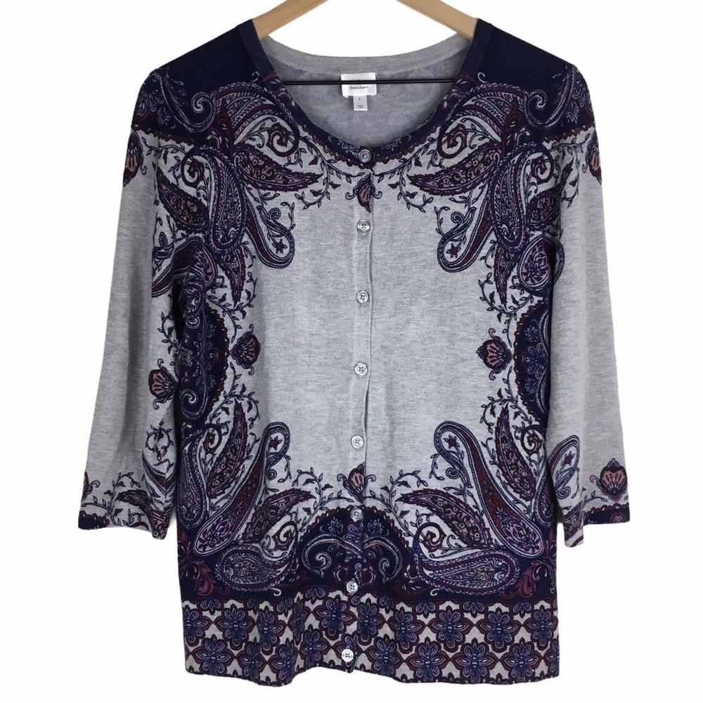 DRESS BARN Cardigan Sweater Paisley Floral 3/4 Sleeves Grey Purple Size Large